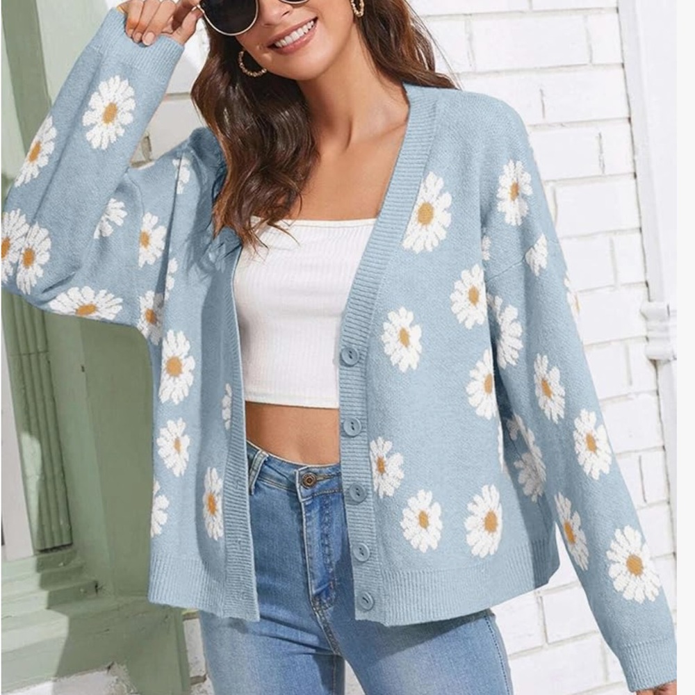 Floral Print Cardigan Long Sleeve Open Front Button Down V Neck Knitted Sweaters